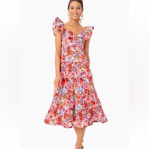 Beulah Woman’s Rita Floral Midi Dress Ruffle Pleated Size M